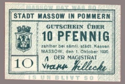 #33751 MASSOW Germany 1920. Banknote notgeld 10 Pfennig. - Image 1 of 2