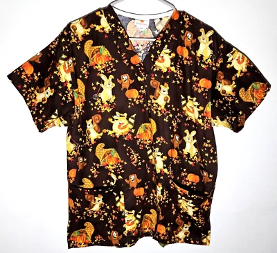 Fall Autumn Scrub Top | Leaves Pumpkins Squirrels Raccoons | Womens Small - Image 1 of 4