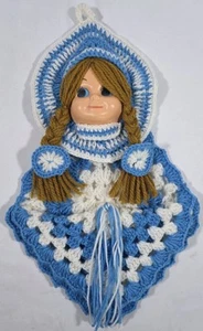 Vintage Kitchy Puppengesicht gehäkelt Handarbeit Küche Topflappen/Untersetzer Wanddeko - Bild 1 von 6