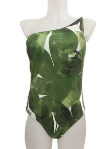 M&S Women's One Shoulder Swimsuit Size 14 Green Leaves Print Non-Wired Used F1 - Picture 1 of 13