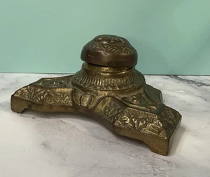 VTG Antique Art Nouveau Bronze Inkwell With Hinged Lid Ornate - Bild 1 von 8