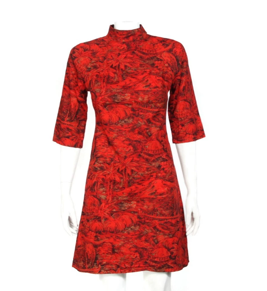 Vitnage 60s Red Lava Island MCM TIki Wiggle HIgh Neck 3/4 Sleeve Dress sz S /342 - Image 1 of 4