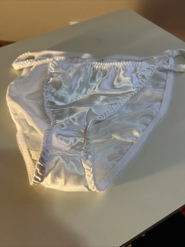 Vtg 90s California Dynasty Glossy White Satin String Bikini Panties Medium - Image 1 of 4
