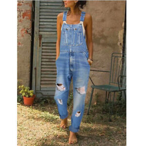 Women Denim Jumpsuit Jeans Ripped Trousers Ripped Overall Bib Long Pants Casual