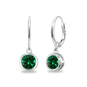 6mm Round Bezel-Set Simulated Emerald Sterling Silver Dangle Leverback Earrings - Picture 1 of 4