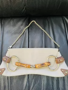 Gucci Canvas Leather Horsebit Bamboo Detail Flap Bag Clutch - Picture 1 of 6