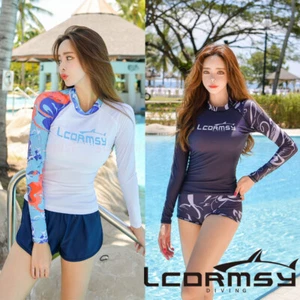 NEW WOMEN'S RASH GUARD BEACH LONG SLEEVE SURF WETSUIT SWIMSUIT SHIRTS+SHORTS SET - Picture 1 of 27