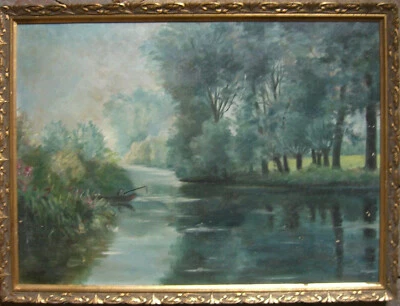 ::ANGLER FLUSS WASSER UFER SCHILF BOOT GRÜN BÄUME WALD BLUMEN SPIEGELUNG ANTIK - Bild 1 von 4