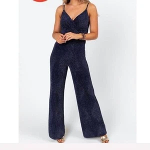Nuova tuta Francesca's blu navy glitter costine gamba larga taglia S - Foto 1 di 5