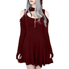 Young Women Gothic Zipper Cold Shoulder Dress Punk Hooded Long Sleeve Mini Dress