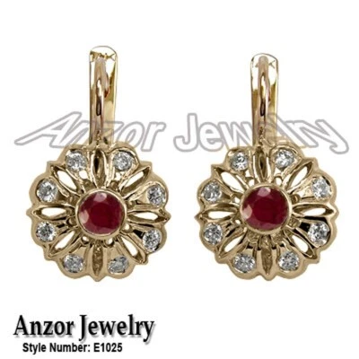 Genuine Diamond and Ruby Earrings in 14k Rose Gold European style #E1025 - Image 1 of 4
