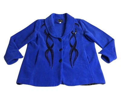 Chaqueta Bob Mackie Mujer Grande Azul Polar Artístico Lentejuelas Abotonadas Chal Cuello Foto 1 de 4