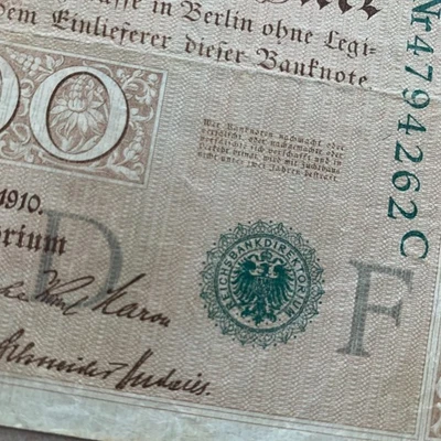 Green Seal 1910 Large Germany 1000 Mark Banknote. WWI WW1 Era Currency, Note. - Image 1 of 4
