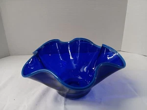 Jensen K...(?) Signed Cobalt Blue Bordered Blue Handkerchief Glass Bowl - Picture 1 of 18
