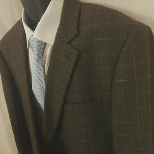 Paul Fredrick Men's Flannel Sport Coat Brown Windowpane Size 48L Wool Cashmere - Picture 1 of 11