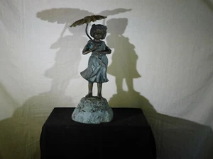 Outdoor/Indoor Bronze/Metal Fountain Verdigras Patina Little Girl w/Umbrella - Picture 1 of 12