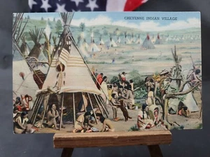 Unused 3 1/2 x 5 1/2 Postcard Cheyenne Indian Village Linen - Picture 1 of 2