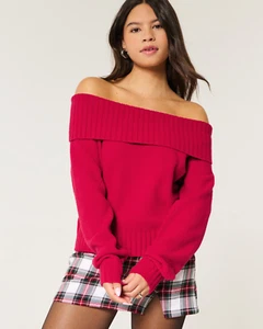 Hollister Easy Foldover Off-the-Shoulder Sweater Red Size XS - Picture 1 of 2