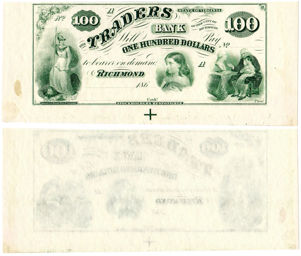 US Virginia Richmond $100 VA195G10 (1860s) Traders Bank **Uncut** UNC - Image 1 of 1