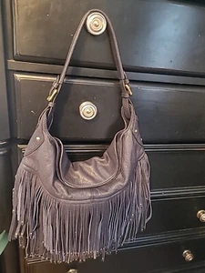 orYANY Navy Leather Handbag With Fringe And Studs Single Shoulder Strap - Picture 1 of 9