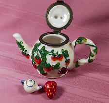 Mini Teapot Trinket Box W/ Strawberries Ladybug  Strawberry Trinket Inside 3 "
