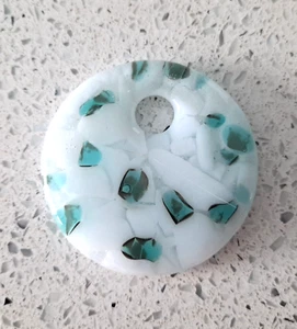 Pretty Green & White Fused Glass Pendant , Glass Art 2" - Picture 1 of 3