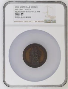 1864 Switzerland Bronze Reunion 50th Anniversary Medal - NGC MS62BN - Picture 1 of 4