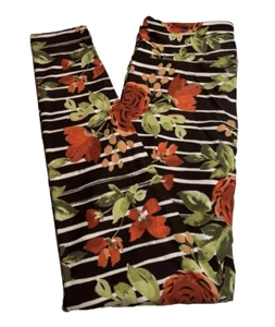 OS Lularoe Leggings Floral Striped Red Green White on Black NEW 49698 - Picture 1 of 4