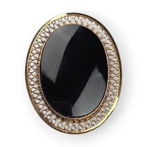 Vintage Black Onyx Brooch Pendant 12K Gold Filled Filigree Oval Winard 50s 1.25" - Picture 1 of 12