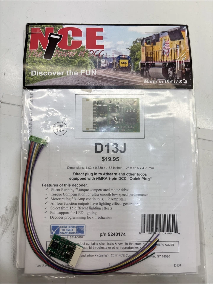NCE D13J Decoder Silent Running / NMRA 9 pin DCC “Quick Plug” 1.2A 5240174 - Image 1 of 1