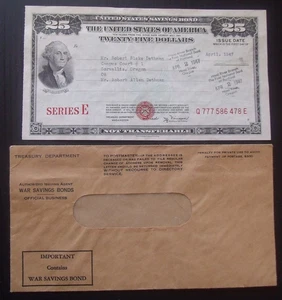 1947 Series E  US $25 Savings Bond w/ original envelope  Lot#93x - Picture 1 of 3