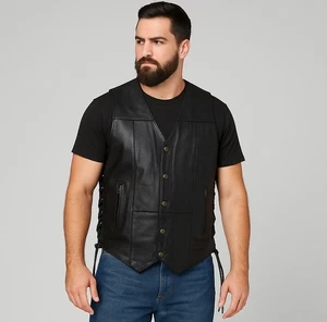 Event Leather Motorcycle Riding Vest Mens SZ M Black Side Lace Snap Front Moto - Picture 1 of 14