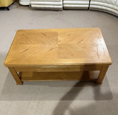 Solid Wood Coffee Table w/ Drawer & Open Shelf Parquet Starburst Top 50x30x17 - Image 1 of 4