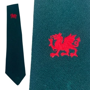 VINTAGE Welsh Dragon Wool Tie Green Red Embroidered Necktie Mod Cymru - Picture 1 of 3