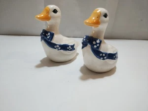 Vintage White Ceramic Duck Goose With Blue Bow Ribbon Salt Pepper Shakers READ - Picture 1 of 10