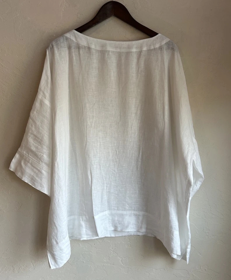 Túnica Eskandar 100% linho branca gola redonda manga 3/4 top 1 luxo Lagenlook P M - Imagem 1 de 4