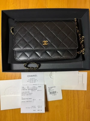AUTHENTIC CHANEL Wallet on Chain-Black Caviar/ Gold hardware Crossbody Bag/ WOC - Image 1 of 4
