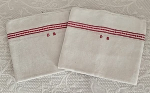 LOT de 2 Torchons ANCIENS - Monogramme Brodé Main Rouge "BM" + liteaux brodés - Photo 1/10