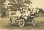 Family in fantastic decorated car parade float US flags antique photo