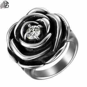 Vintage Detailed Rose Flower Ring CZ Women Girls Stainless Steel Band Size 6-10 - Picture 1 of 5