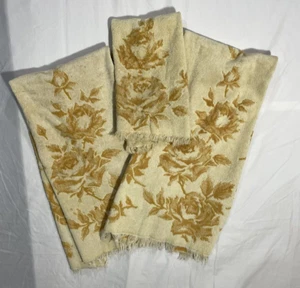 Vintage MCM Fieldcrest Floral Fransen Badetuch Set USA Cremeweiß Butterscotch - Bild 1 von 22
