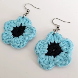 Pendientes de flores de ganchillo de algodón turquesa - Ganchos de acero inoxidable - Imagen 1 de 2