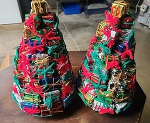 Vintage Pair MCM Christmas Tree Wrapped Gifts Foil Garland 9 Layers Metallic - Picture 1 of 3