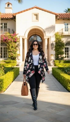 Vintage Floral Waterfall Cardigan Black Pink Roses Open Front sz(1XL-2XL) - Image 1 of 4