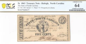 Low Serial #5 1863 5c North Carolina CR NC-148 Obsolete Currency PCGS UNC 64 GEM - Picture 1 of 5