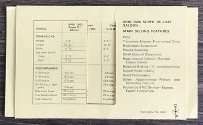 MINI 1000 Super De Luxe Car Salesman's Competitor Comparison Card Undated #2623 - Image 1 of 2