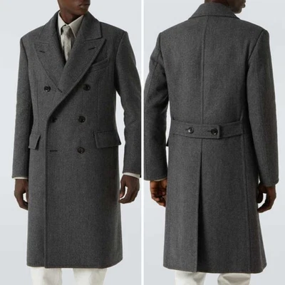 Herringbone Men Tweed Overcoat Double Breasted Knee-Length Business Commute - Image 1 of 4