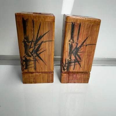 Juego de 2 cajas de bambú vintage pintadas a mano arte decoración almacenamiento Foto 1 de 4
