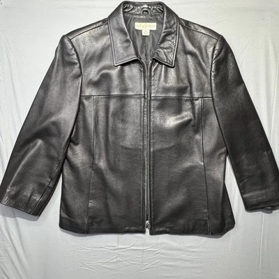 Chaqueta de cuero negra grande de colección para mujer cremallera completa cuero suave esquina informal  Foto 1 de 4