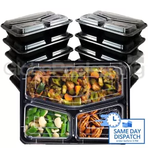 5 x WIEDERVERWENDBAR 33oz (975ml) 3 FÄCHER SCHWARZ MIKROWELLE LEBENSMITTELBEHÄLTER + DECKEL - Bild 1 von 8